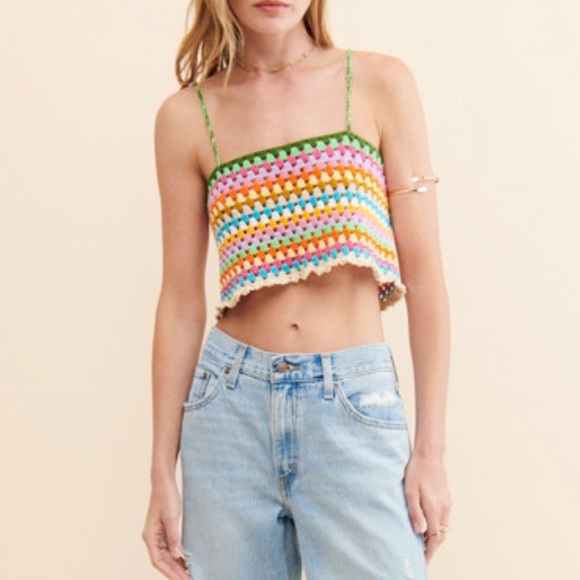 New Society Mano x Free People Colorful June M Green Crochet Handmade Crop Tank - Picture 7 of 14